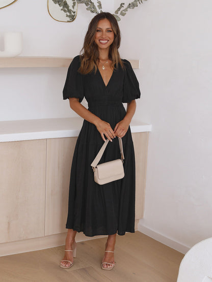 Women's V-Neck Midi Dress with Puff Sleeves and Smocked Waist