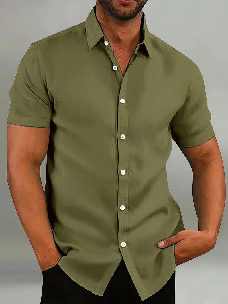 Light Blue Mens Short Sleeve Shirt Slim Fit Button Closure Classic Collar For Casual To Formal Wear