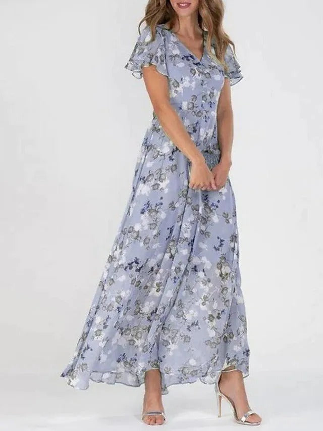 Liselotte Elegant Floral Maxi Dress for Women with V Neck and Flowing Sleeves Perfect For Special Occasions