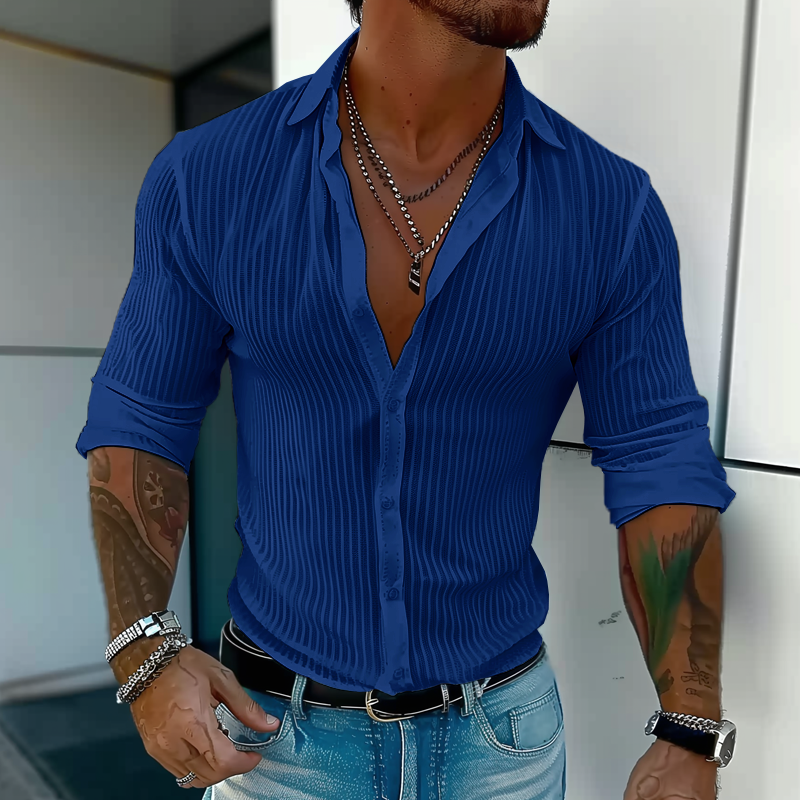 Men's Slim Fit White Vertical Striped Shirt With Lightweight Fabric Button Closure