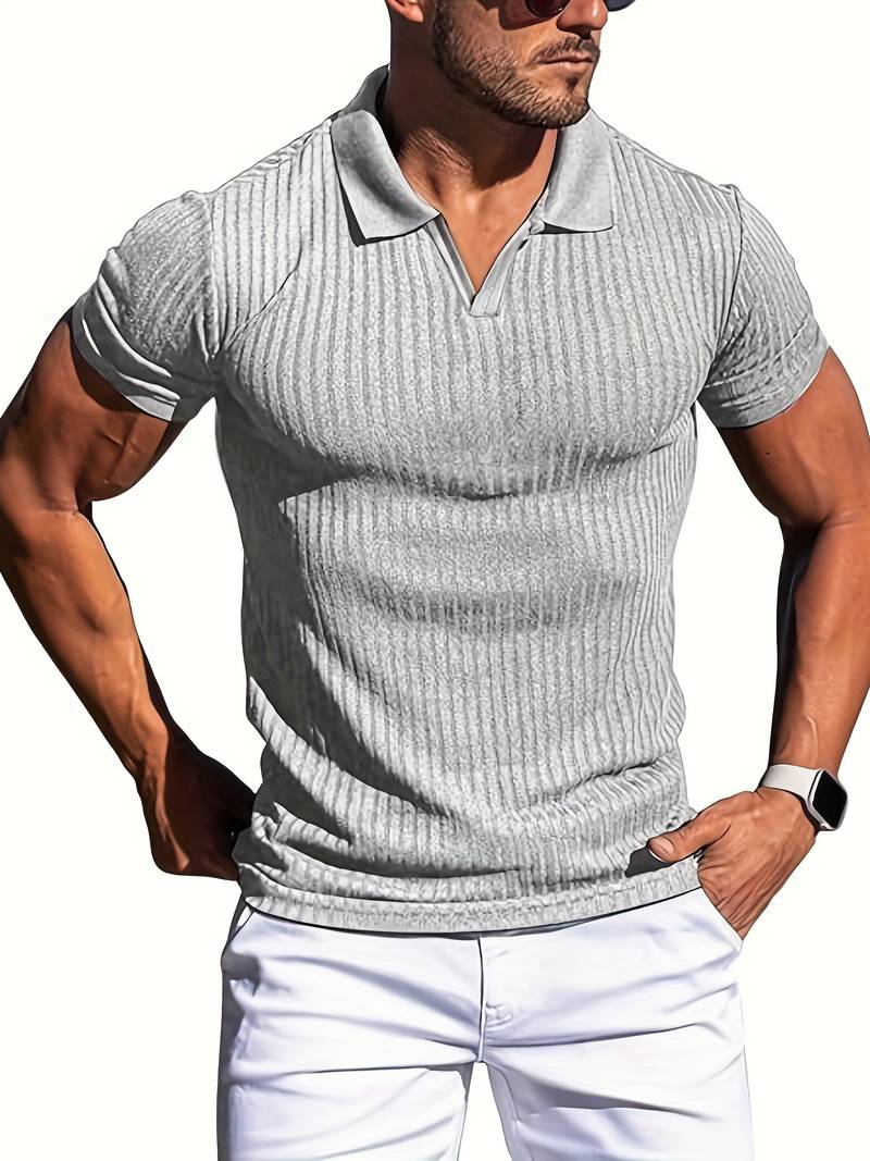 Mens Ribbed Knit Polo Shirt Slim Fit Short Sleeve Casual Stylish Comfortable Everyday Wear