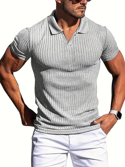 Mens Ribbed Knit Polo Shirt Slim Fit Short Sleeve Casual Stylish Comfortable Everyday Wear