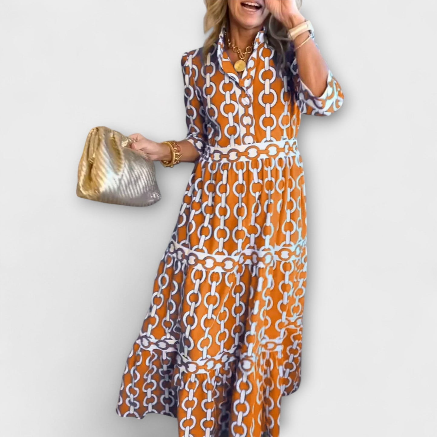 Women's Midi Dress with Chain Pattern and Sleeveless Design