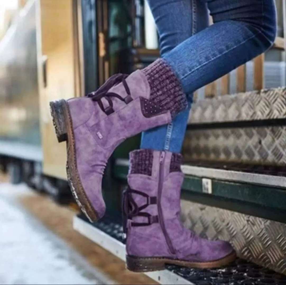 Isla Womens Purple Winter Ankle Boots Leather Insulated Cozy Warm Fashionable High Shaft Knitted Trim
