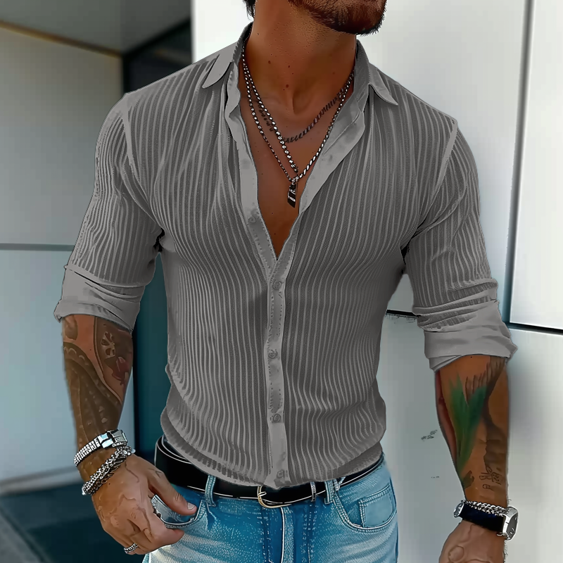 Men's Slim Fit White Vertical Striped Shirt With Lightweight Fabric Button Closure