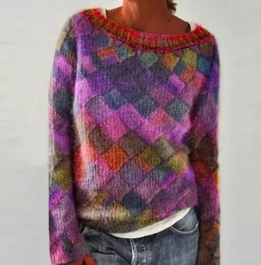 Maya Women's Cashmere Wool Sweater Diamond Pattern Soft Cozy Loose Fit Colorful Style