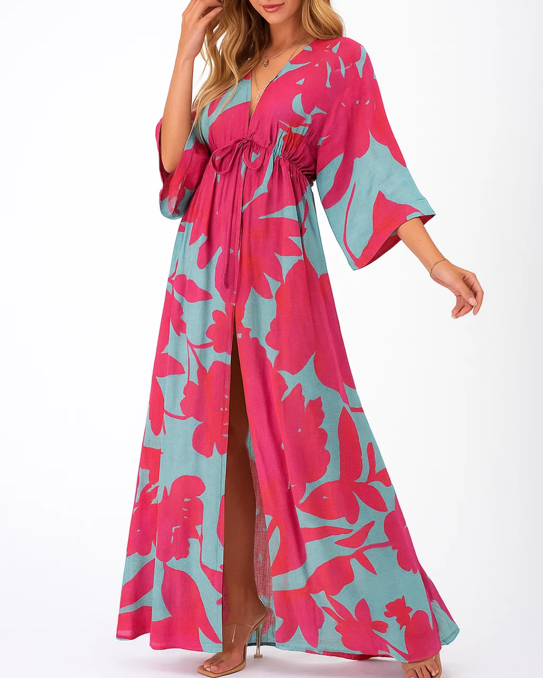 Colourful V-Neck Maxi Dress with Slit for Women
