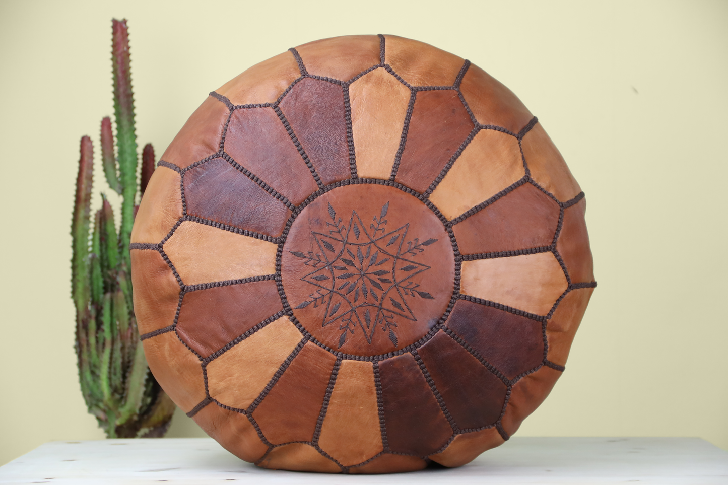 Wood Brown Leather Ottoman Pouf - TrendAura