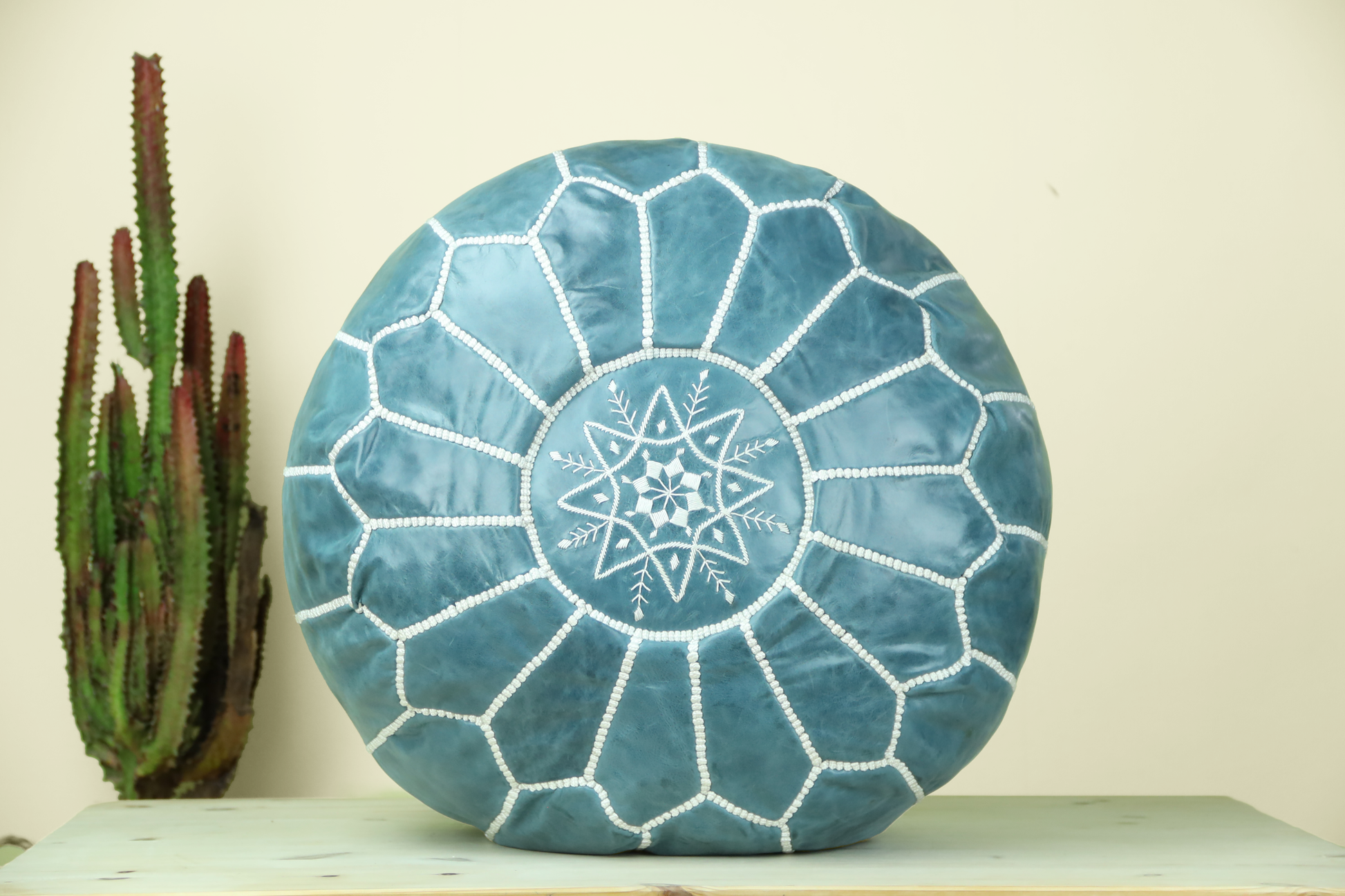 Ceramic Blue Leather Ottoman Pouf - TrendAura