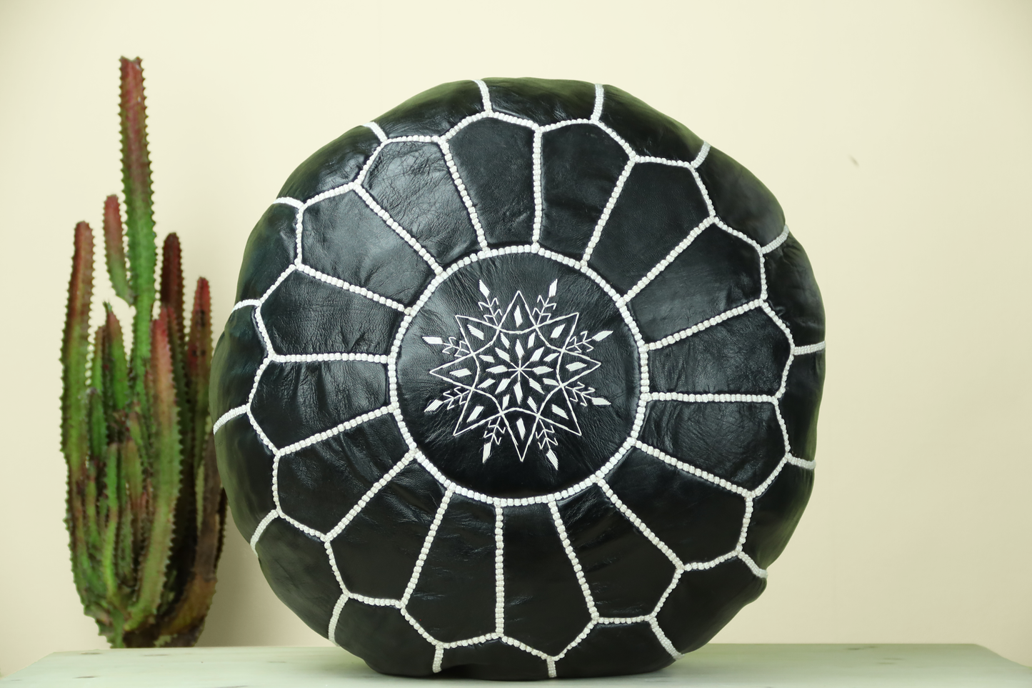 Black Leather Ottoman Pouf - TrendAura