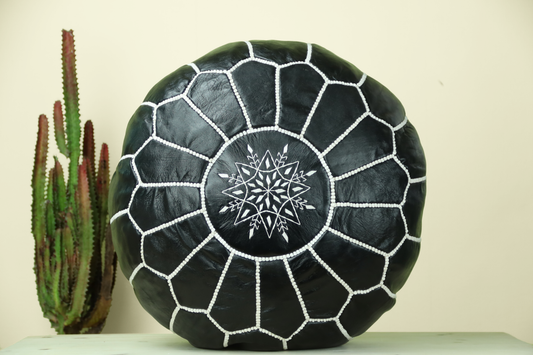 Black Leather Ottoman Pouf - TrendAura