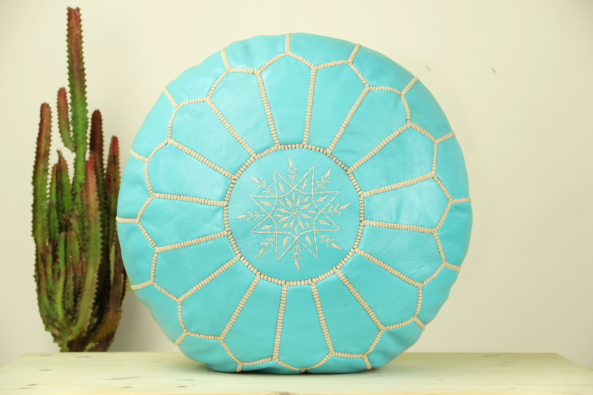 Cyan Leather Ottoman Pouf - TrendAura