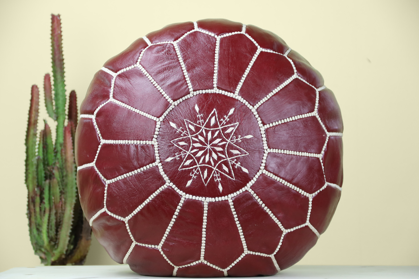 Maroon Leather Ottoman Pouf - TrendAura