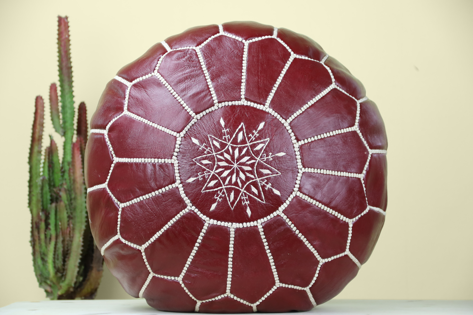 Maroon Leather Ottoman Pouf - TrendAura