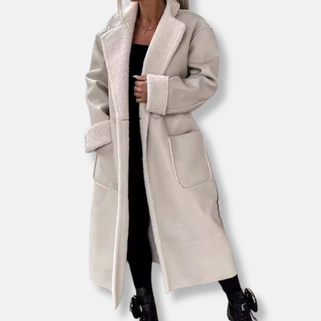 Women’s Long Coat – Oversized Wrap Fit – Faux Shearling Lined – Tie Belt – Patch Pockets