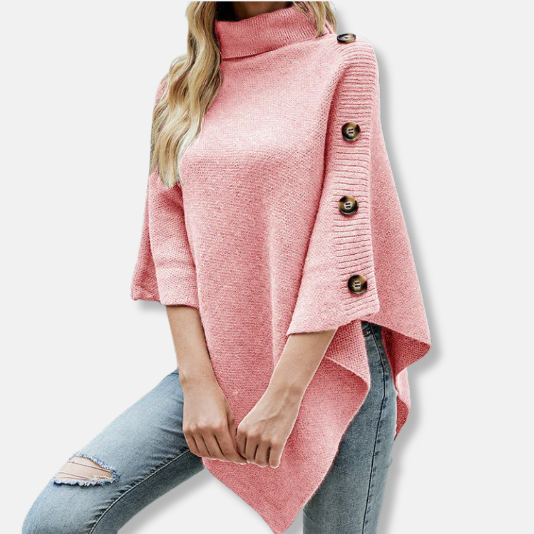 Women’s Poncho – Knitted Fabric – High Neck – Oversized Fit – Asymmetrical Hem