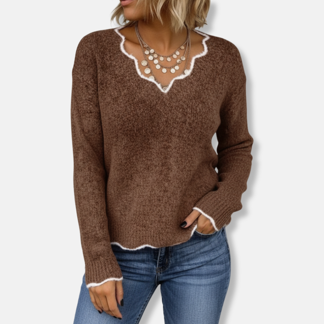 Women’s Sweater – Relaxed Fit – Wool Knit – Scalloped Neckline – Soft Casual Pullover