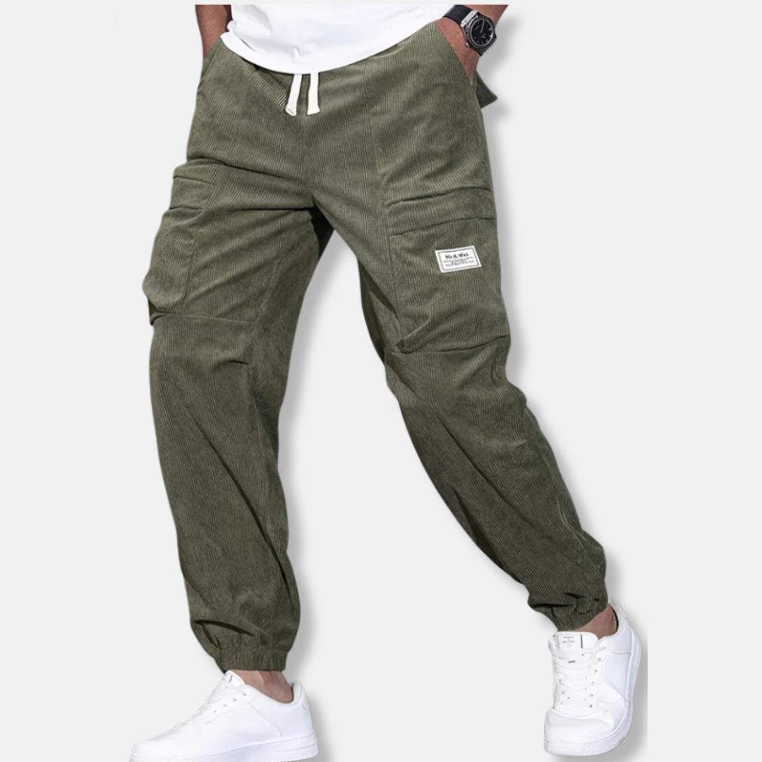 TrendAura Mens Corduroy Pants Loose Fit With Tapered Leg Adjustable Waist And Elastic Cuff