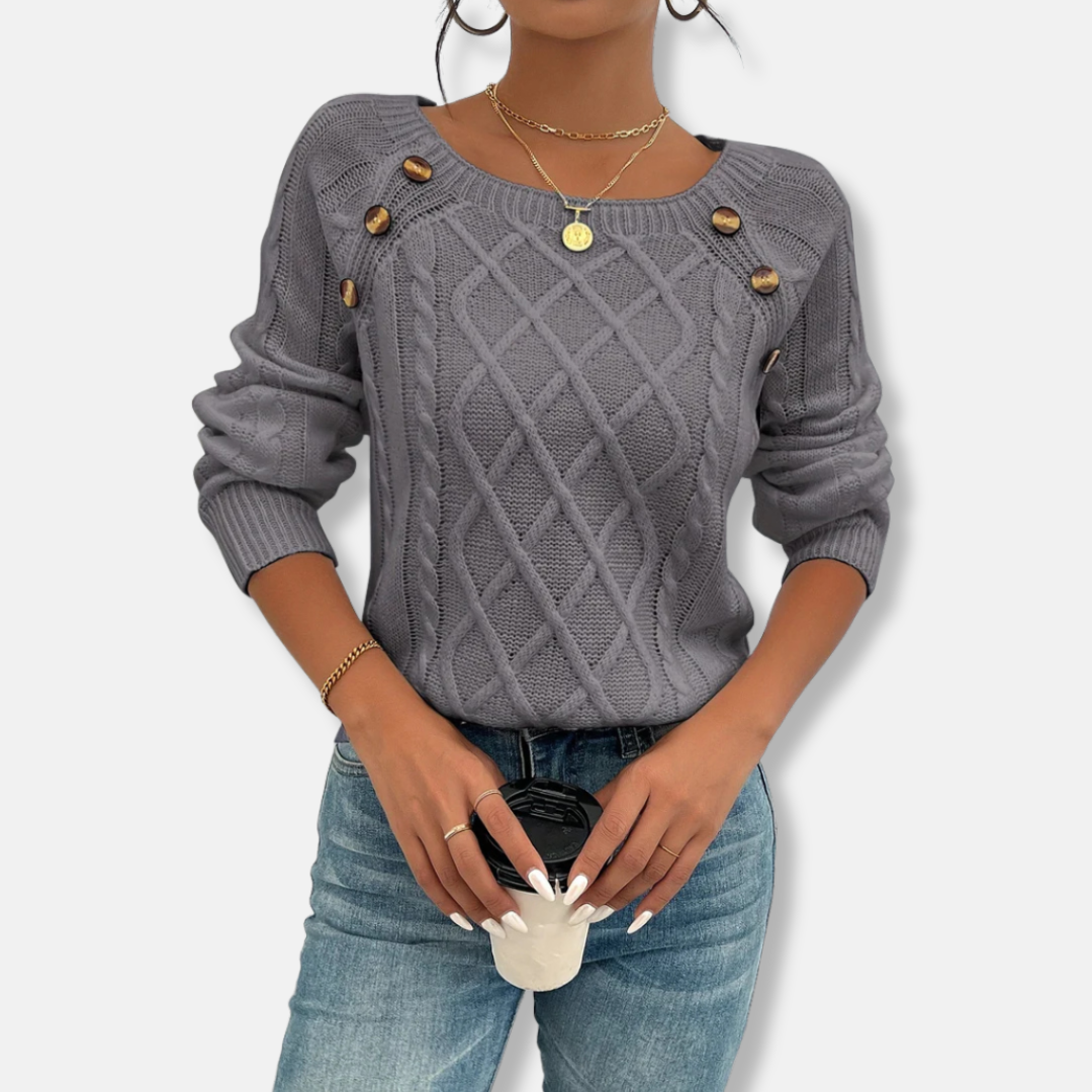 Women’s Knit Top – Relaxed Fit – Cable Knit – Dropped Shoulder – Button Accent – Ribbed Cuffs