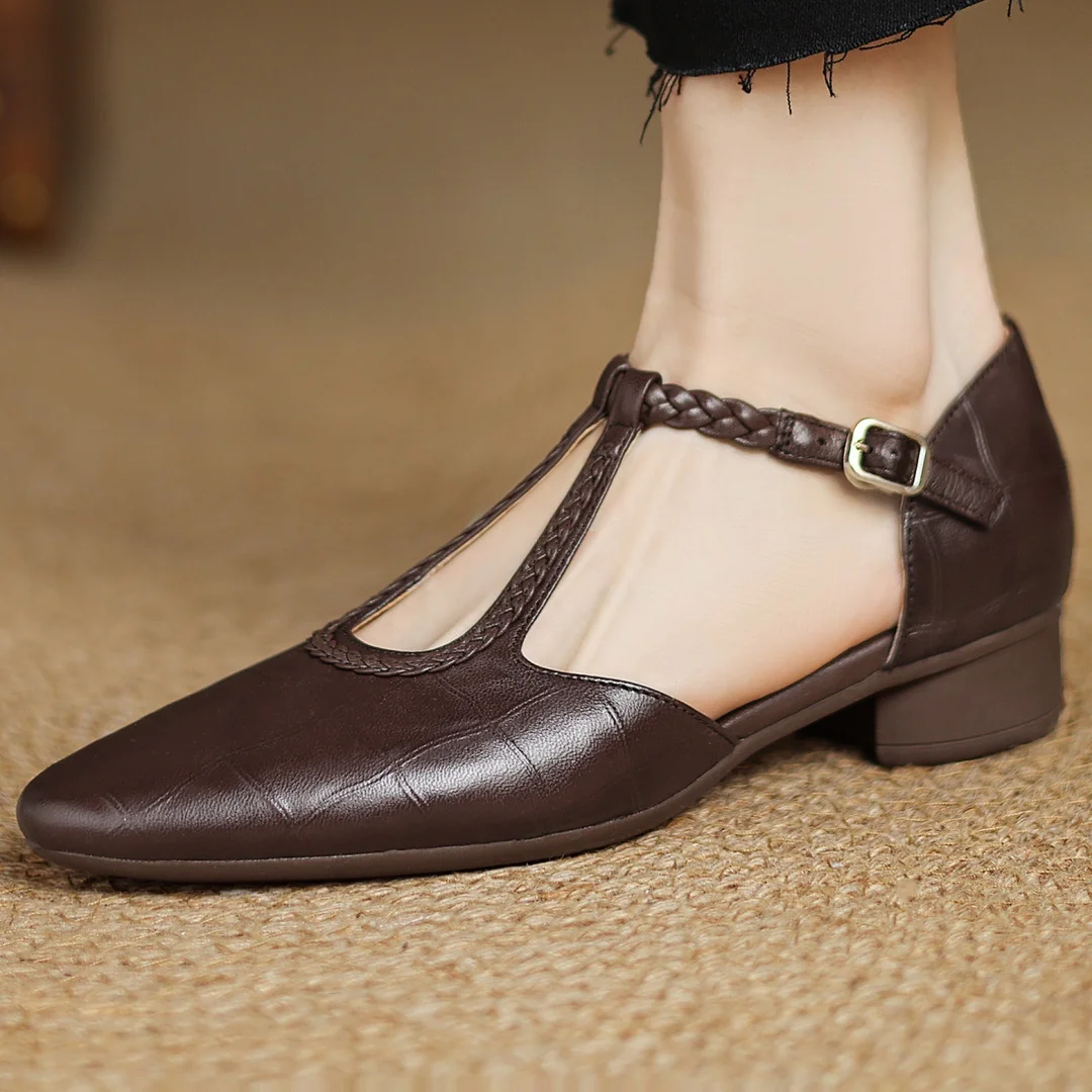 Women's T-Strap Pointed Toe Flats with Adjustable Strap and Classic Design