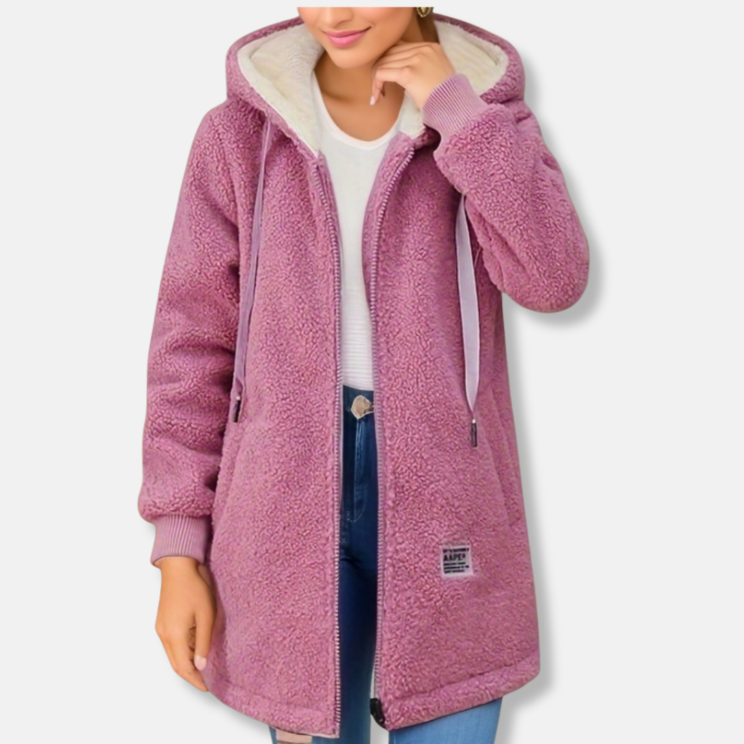 Women’s Hooded Jacket – Plush Lambskin Feel – Oversized Fit – Zipper Front – Mid-Length