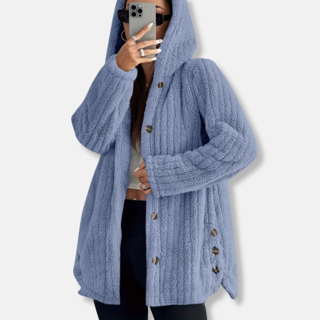 Women’s Plush Coat – Hooded Loose Fit – Button Front – Soft Textured Mid-Length