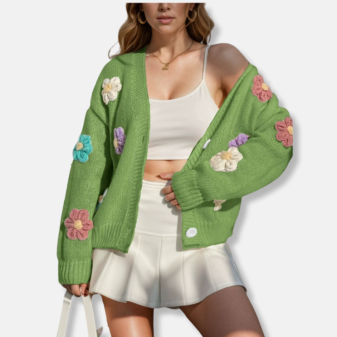 Women’s Knitted Cardigan – Oversized Fit – Wool Blend – Handmade Floral Accents – Button Front