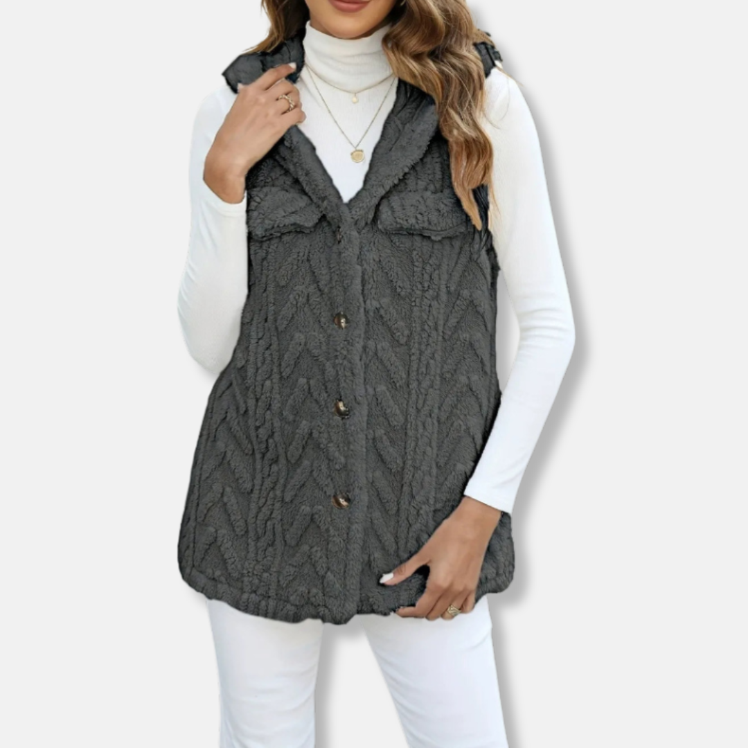 Women’s Hooded Vest – Cable Knit – Fuzzy Texture – Button Front – Relaxed Fit – Pockets