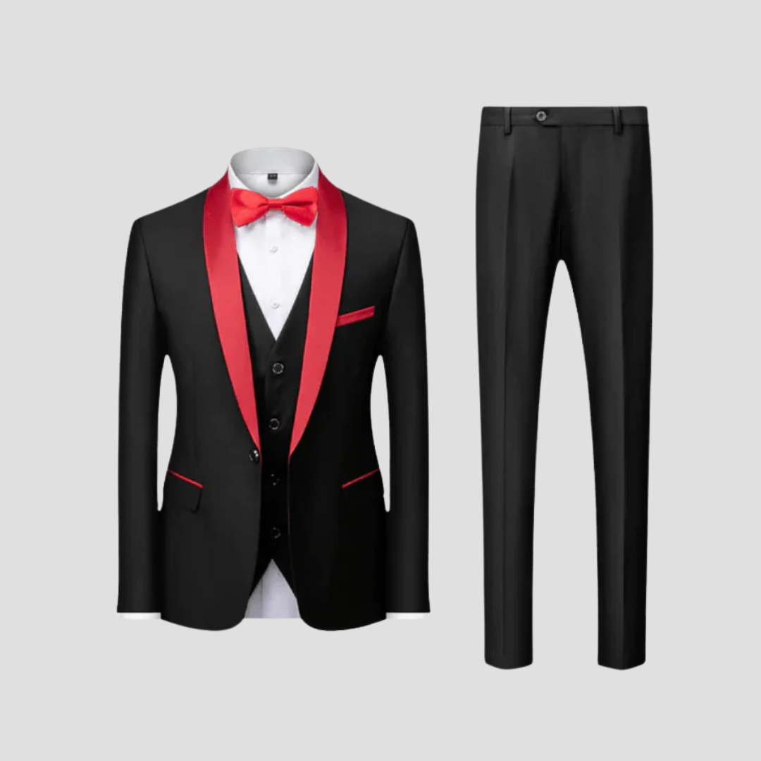 Mens Classic Tailored Three Piece Suit With Satin Lapels For Formal Events And Weddings
