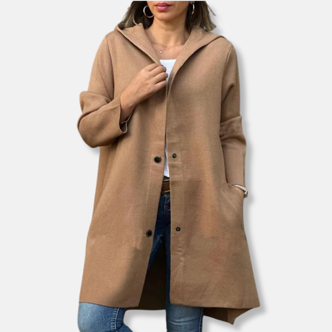 Women’s Coat - Wool - Hooded Neckline - Snap Button Closure - Mid-Thigh Length