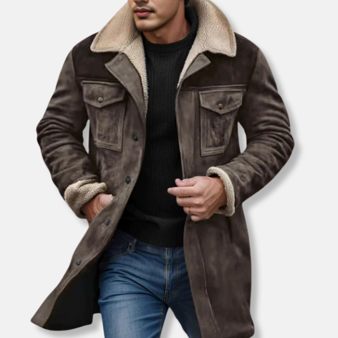 Men's Trench Coat With Suede-Like Fabric And Shearling Collar, Relaxed Fit, Button Front