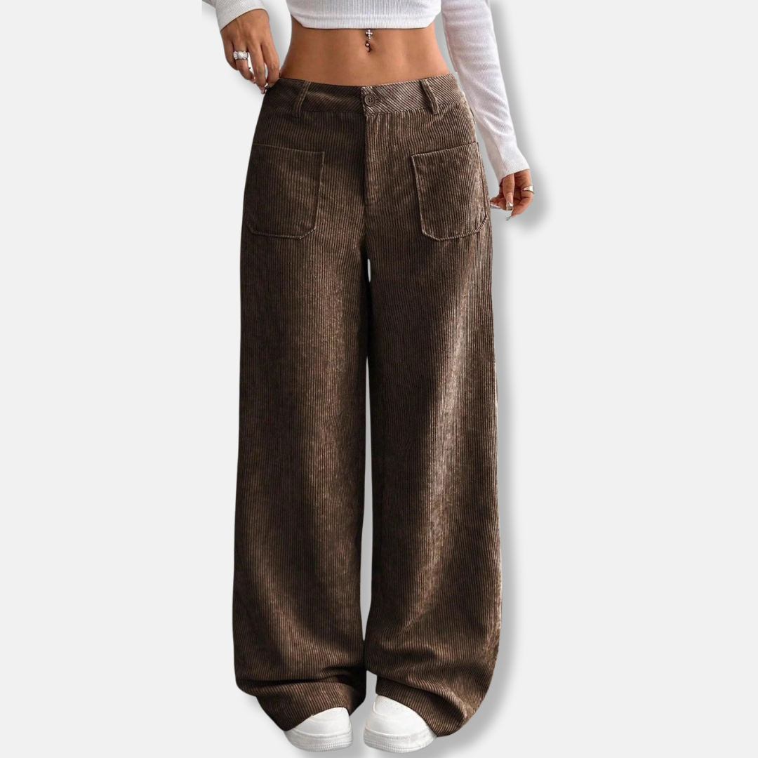 Women’s Pants - Corduroy - Wide Leg - High Waist - Front Patch Pockets