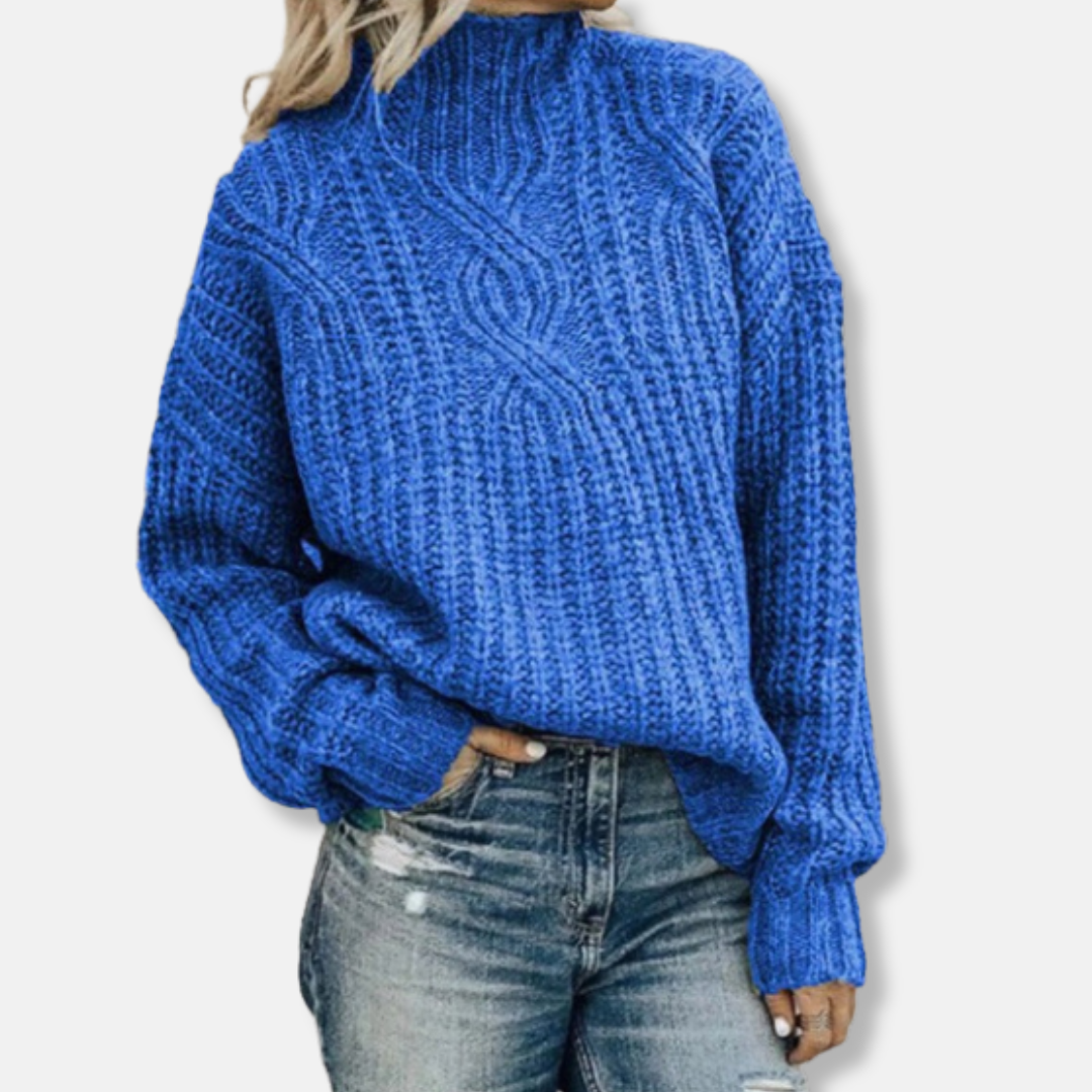 Women’s Pullover Sweater – Wool Cable Knit – High Neck – Relaxed Fit – Long Sleeve