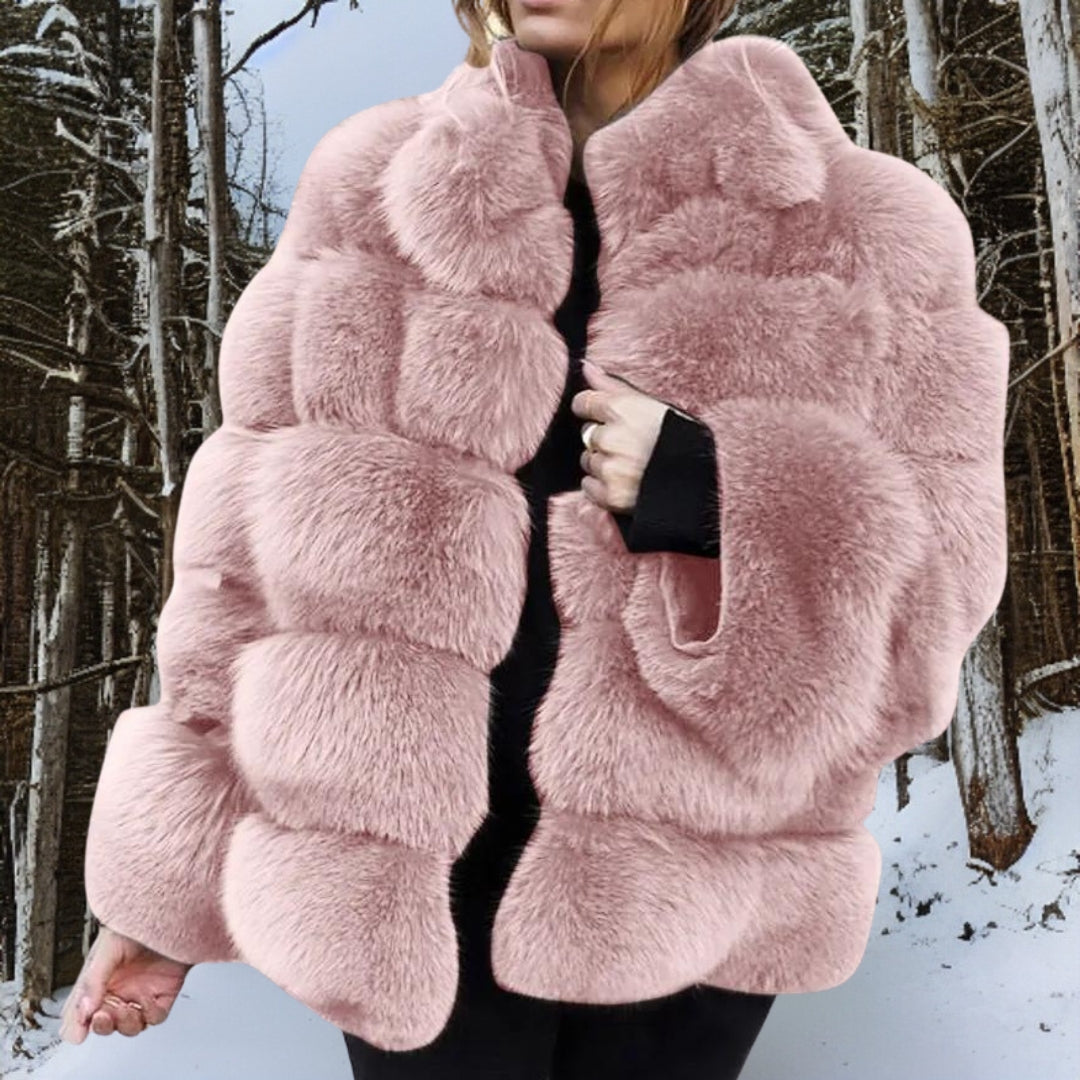 Women's Fur Jacket - Soft Faux Fur - Medium Length - Voluminous Quilted Design