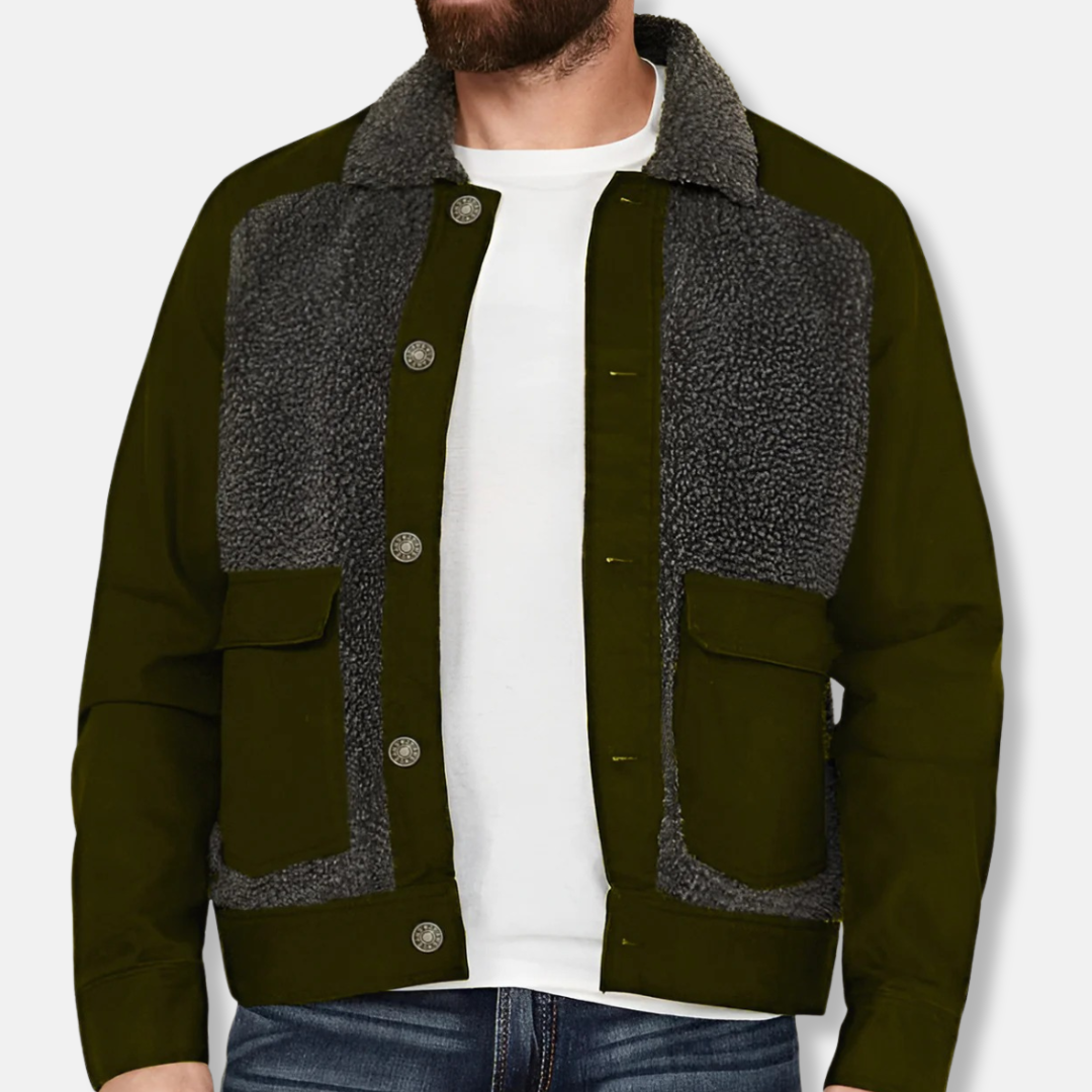 TrendAura Men's Patchwork Sherpa Collar Coat With Plush Warmth, Regular Fit, Waist Length, Button Up