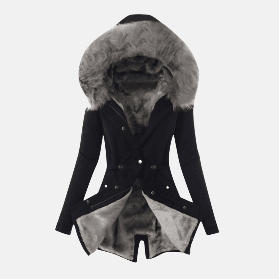 Women’s Jacket – Slim Fit – Adjustable Waist – Plush-Lined Hood – Mid-Length – Flap Pockets