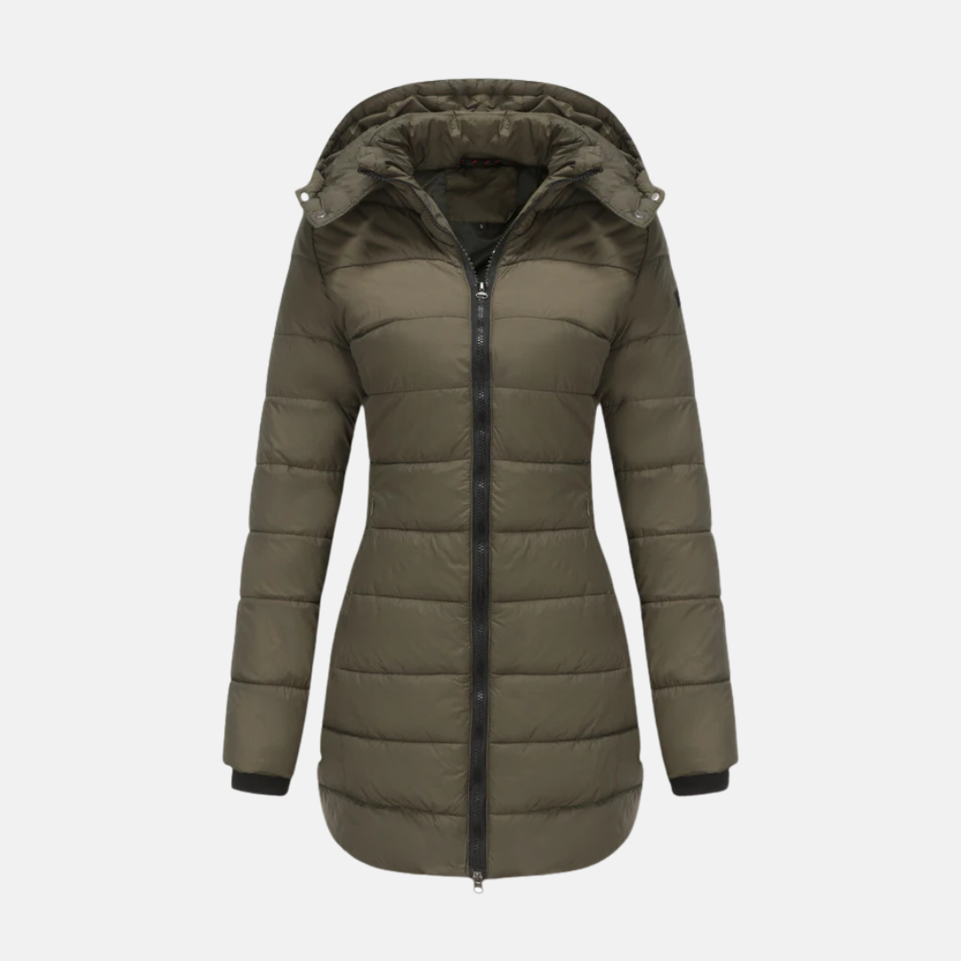 Women’s Longline Padded Coat – Quilted Insulated – Two-Way Zipper – Hooded Warm Fit