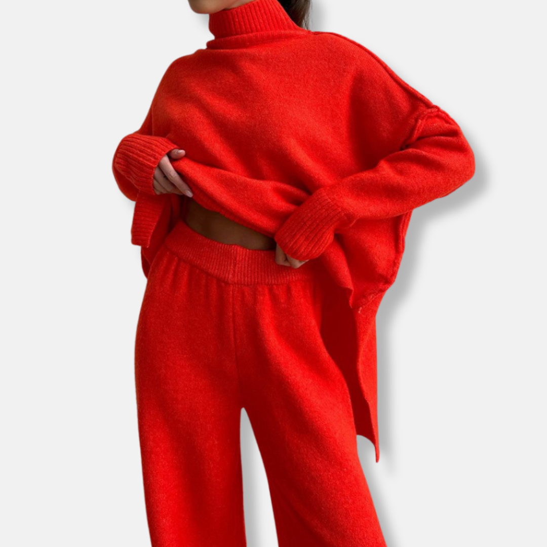 Women’s Two-Piece Set - Chunky Knit - Oversized Fit - Turtleneck