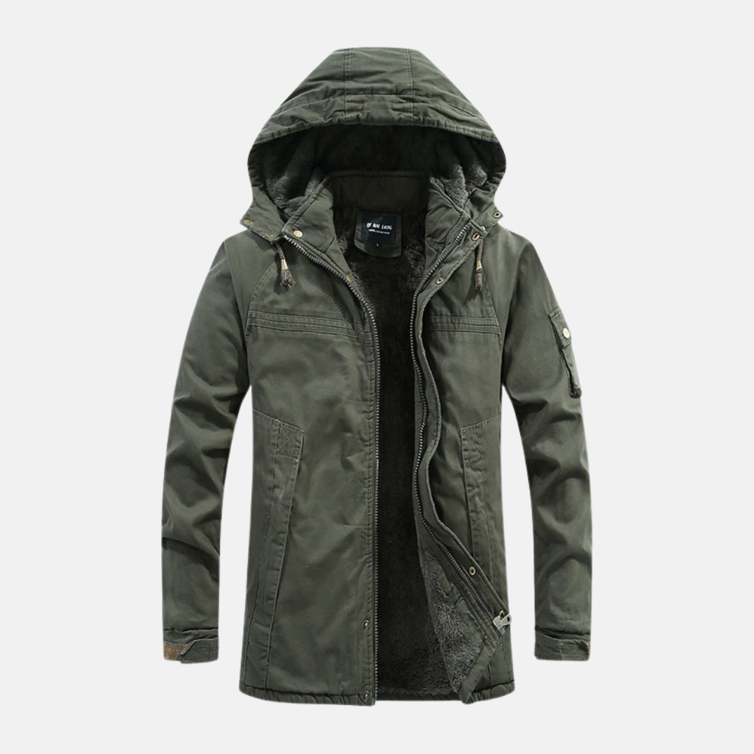 TrendAura Mens Mid Length Slim Fit Jacket With Heavy Lined Hooded And Utility Pockets Cotton Blend