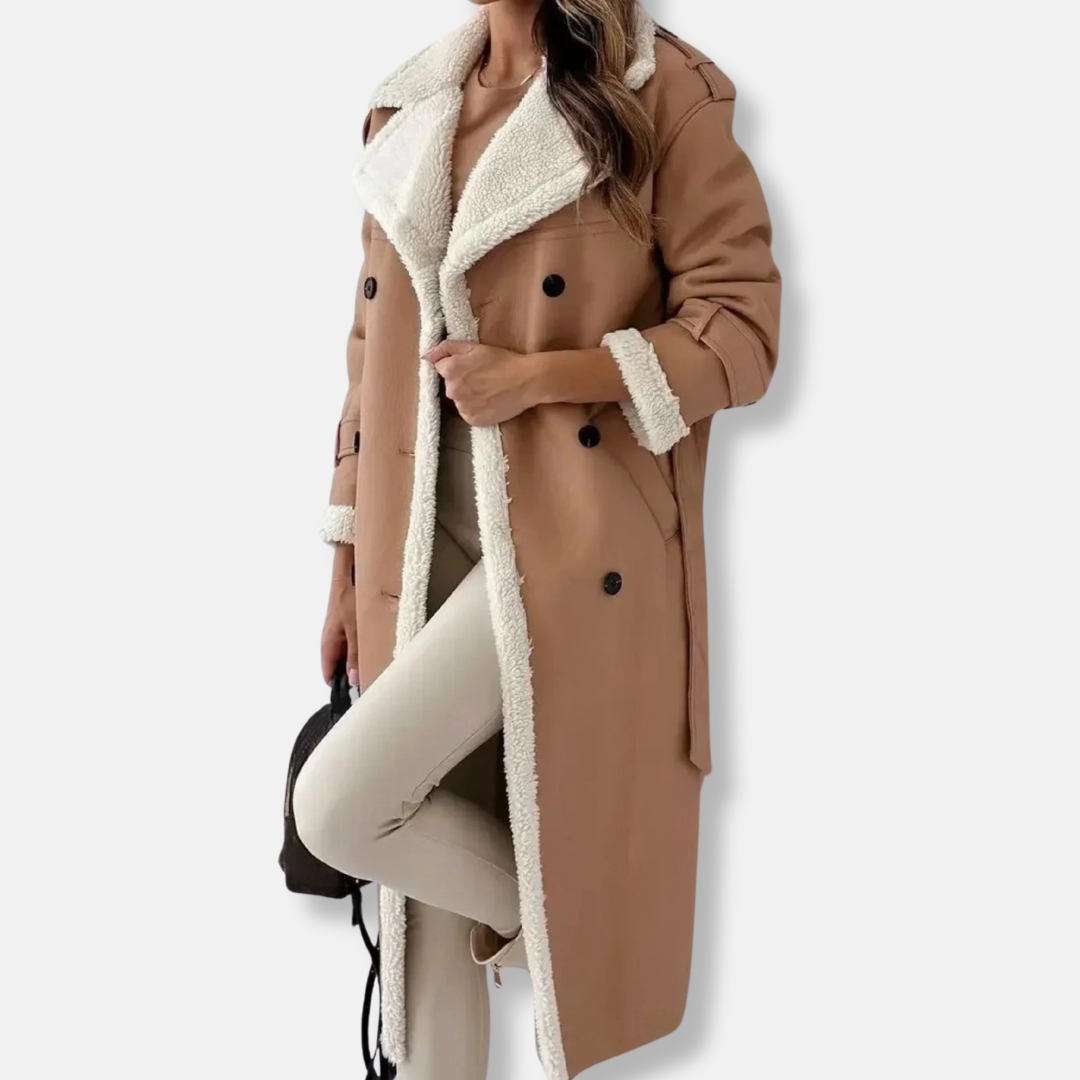 Women’s Long Double-Breasted Coat – Oversized Fit – Plush Lined Collar & Cuffs – Tie Belt