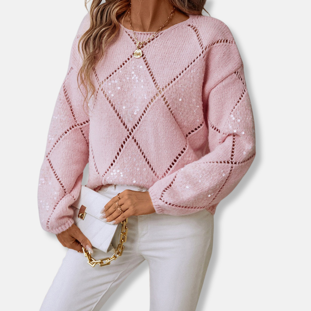 Women’s Knitted Sweatshirt – Relaxed Fit – Diamond Openwork – Sequin Long Sleeve