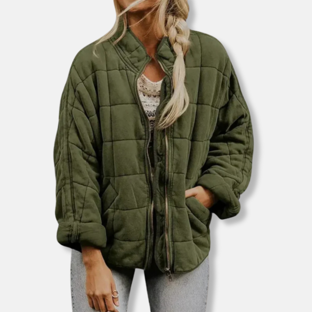 Women’s Quilted Coat – Oversized Relaxed Fit – Stand Collar – Full Zip – Hip Length