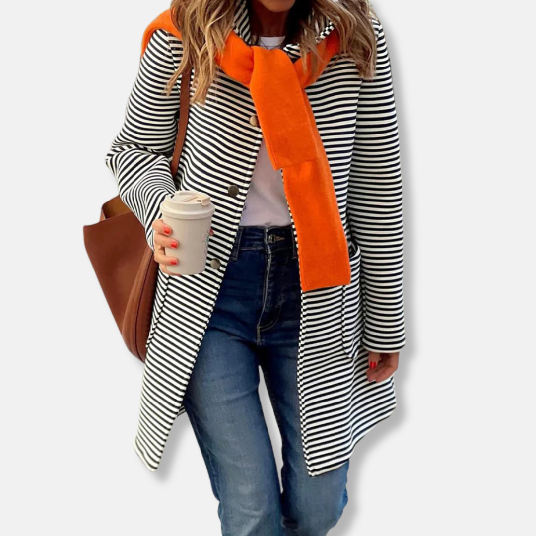 Women’s Trench Coat – Relaxed Fit – Mid-Thigh Length – Striped – Cotton Blend – Double-Breasted