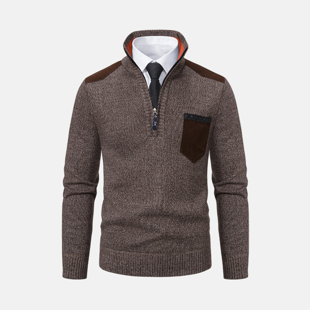 Mens Knit Blend Pullover Sweater With Stand Collar And Quarter Zip For Smart Casual Wear