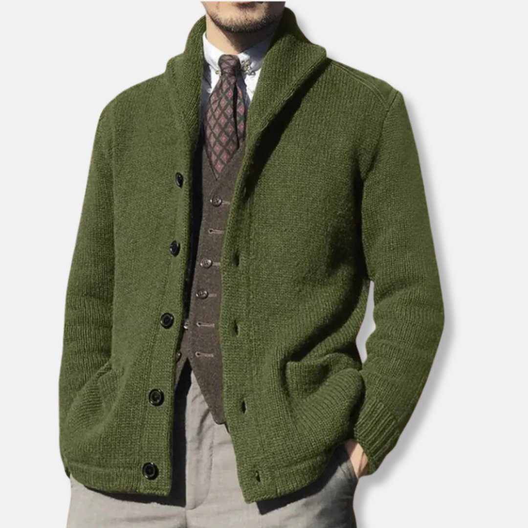 Mens Cardigan Wool Knit Regular Fit With Shawl Collar Button Front Ribbed Cuffs Design