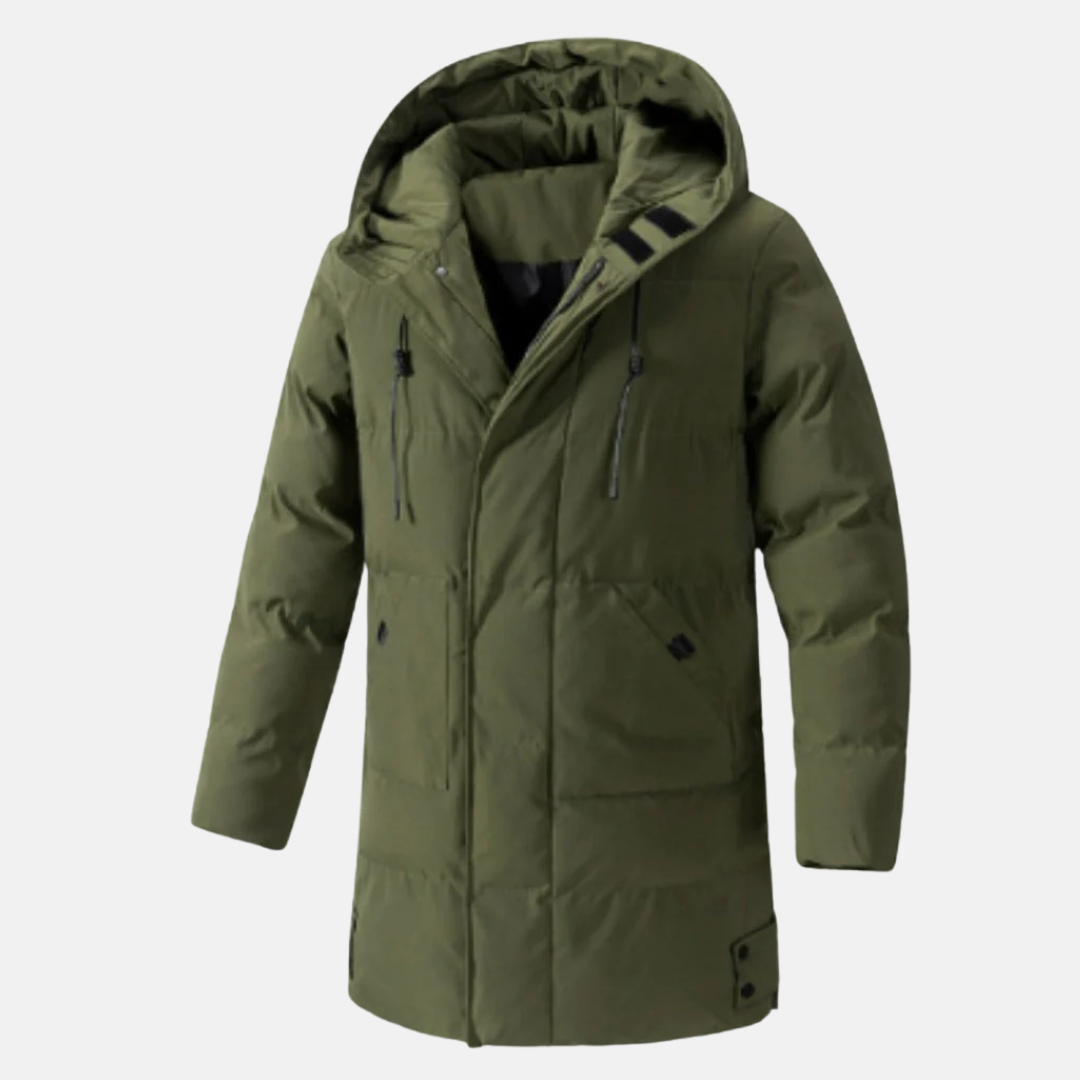 Mens Hooded Insulated Water Resistant Jacket Mid Length With Multi Pocket Design
