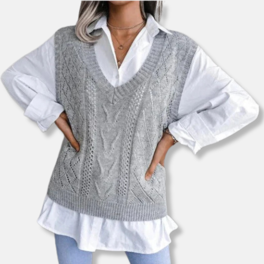 Women’s Knitted Vest – Relaxed Fit – Cable Knit – V-Neck – Soft Cotton Blend – Casual Layering