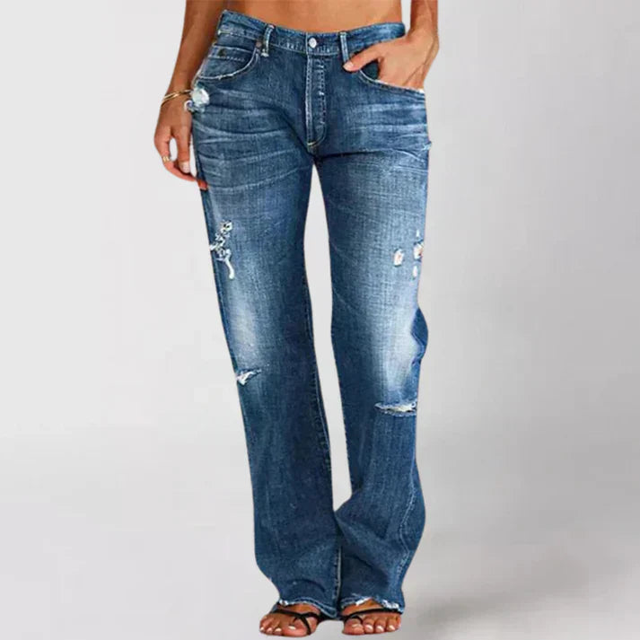 Women's Jeans - Relaxed Fit - Mid Waist - Distressed Details - Casual Streetwear