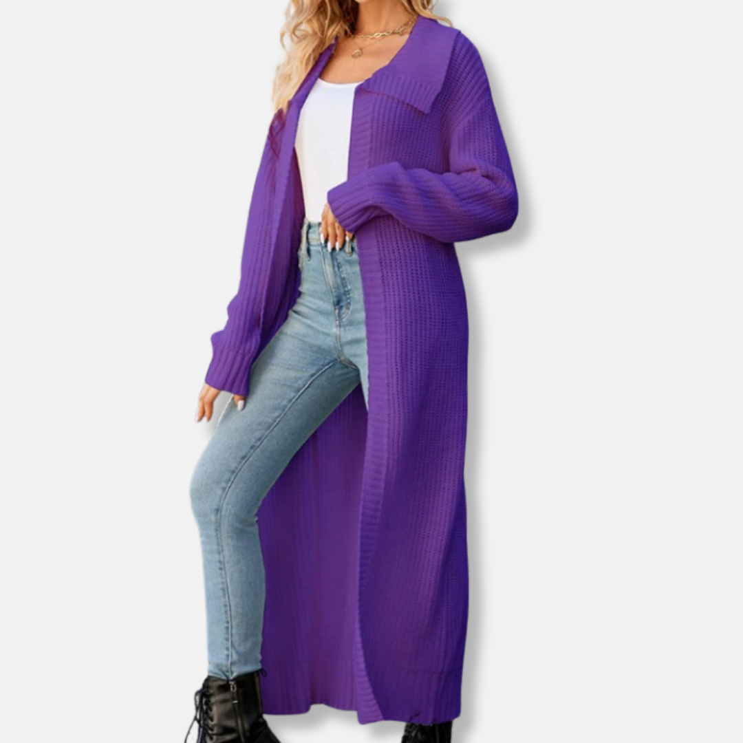 Women’s Cardigan – Wool Knit – Loose Fit – Wide Lapel – Ribbed Cuffs – Maxi Length