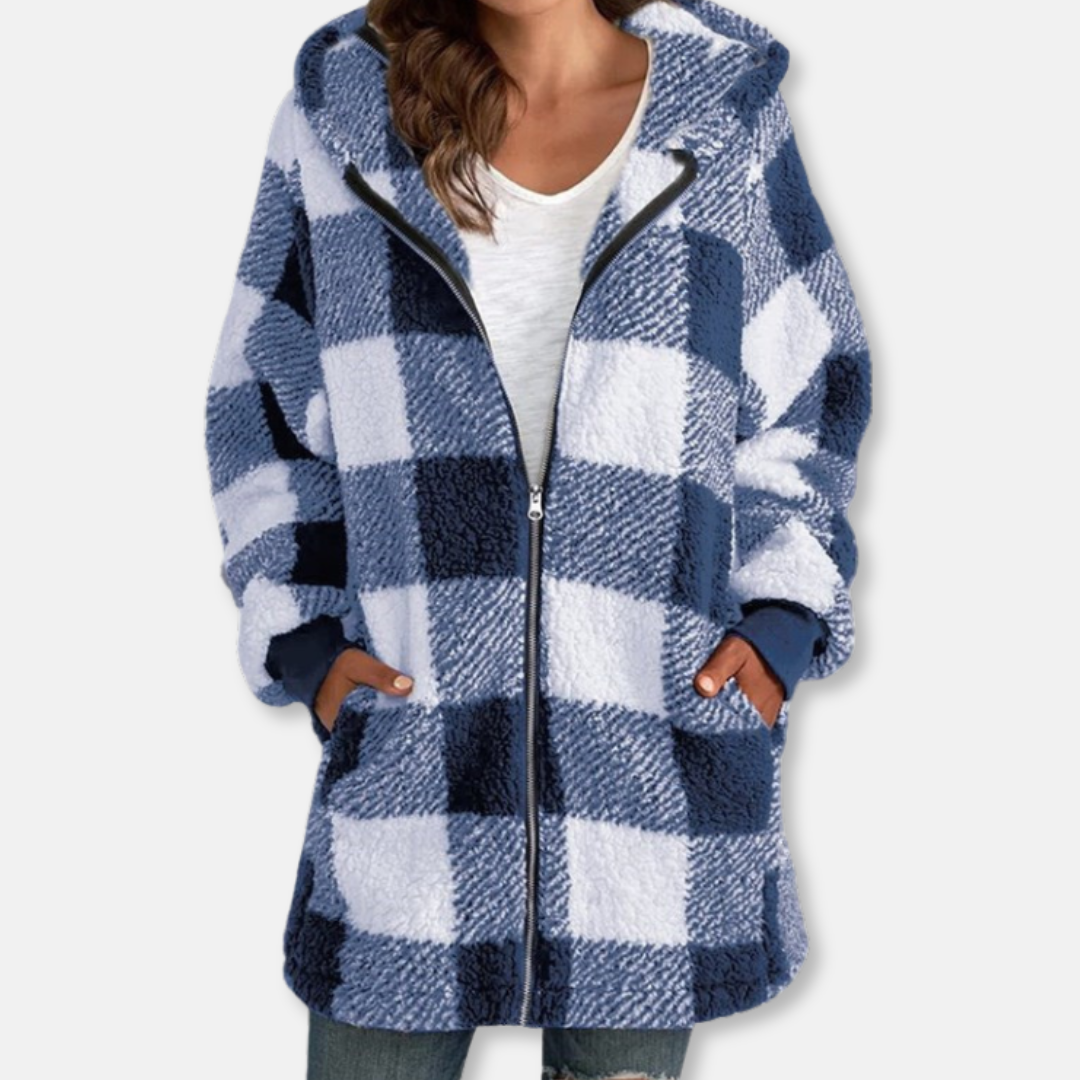 Women’s Hooded Jacket – Oversized Fit – Soft Knit – Full Zip – Long Length – Check Pattern